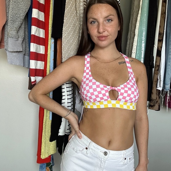Dippin Daisys Pink and Yellow Checkered Sports Bra - Picture 2 of 3